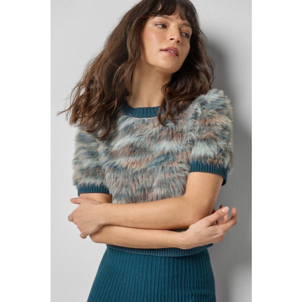 Lilla P Brushed Crewneck Sweater XS Teal Fuzzy Short Sleeve Crop Knit